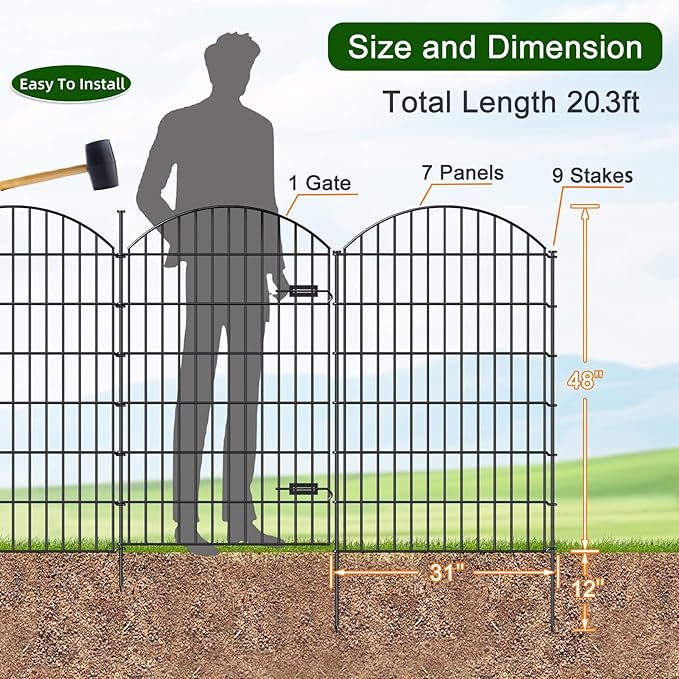 Metal Garden Fence with Gate 48in (H) x 20.3ft (L), 1 Gate+ 7 Panels Dog Fences Border Fence Animal Barrier, No Dig Garden Fencing for Yard Flower Bed Lawn Patio Outdoor, ECG4808G, Black