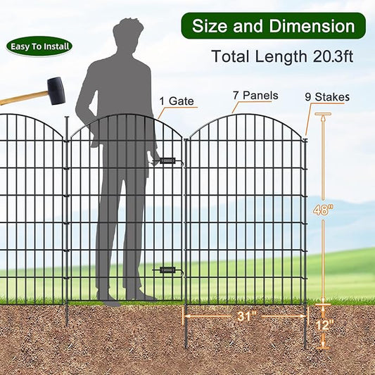 Metal Garden Fence with Gate 48in (H) x 20.3ft (L), 1 Gate+ 7 Panels Dog Fences Border Fence Animal Barrier, No Dig Garden Fencing for Yard Flower Bed Lawn Patio Outdoor, ECG4808G, Black