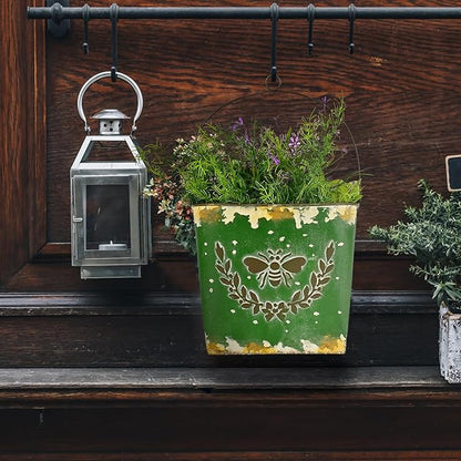 CVHOMEDECO. Farmhouse Wall Mount Metal Flower Pots Rustic Galvanized Bee Flower Holder Wall Hanging Pocket Planter for Indoor, Outdoor and Wall Decor, Set of 2 (Green)
