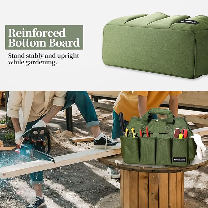 Garden Tote Bag, Gardening Tool Bag Organizer with Pockets & Handle, 900D Heavy Duty Garden Storage Bag with Long Adjustable Shoulder Strap for Tools, Green