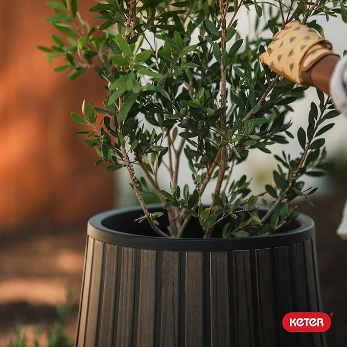 Keter Signature Conic 28.5 Inch Tall Round Large Wood Look Planter for Indoor or Outdoor Flower Pot Ideal for Patio Deck and Front Porch Decor, Rosewood