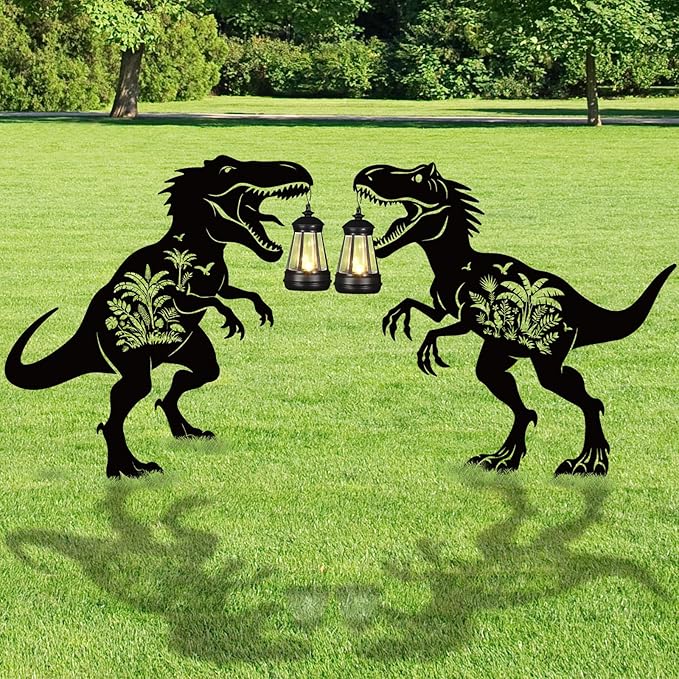 Dinosaur Metal Garden Stakes Yard Decor with a Lantern, Black Dinosaur with Flower Silhouette Statues Garden Decorative Gifts for Yard Art, Patio, Outside, Lawn Ornaments, Backyard, Pathway