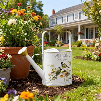 Vintage Decorative Metal Watering Can - Welcome to My Garden with Charming Bird & Floral Design, Rustic Farmhouse Watering Pot Planter for Indoor/Outdoor Plant Care