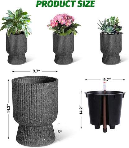 14.2" Tall Planters Set of 2, Plant Pots, Self Watering Pots for Indoor Plants, Flower Pots With Built-In Drainage and a Water Level Monitor, for Patio, Porch, Living Room, or Home Office, Black