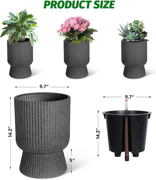 14.2" Tall Planters Set of 2, Plant Pots, Self Watering Pots for Indoor Plants, Flower Pots With Built-In Drainage and a Water Level Monitor, for Patio, Porch, Living Room, or Home Office, Black