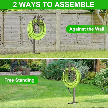 GOFORWILD Garden Hose Stand with Brass Faucet, Detachable Heavy Duty Water Hose Holder, Freestanding Metal Hose Reel Decorative Storage Hanger Holds 150-Feet Hose for Outside Patio Lawn Yard