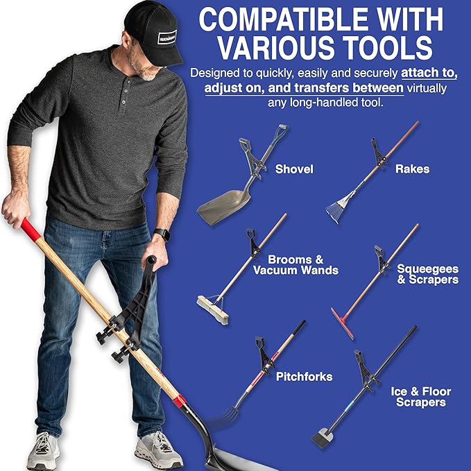 Universal Handle Attachment for Snow Shovel, Weedeater, String Trimmer, Rake & More | Versatile Ergonomic Back Saving Attachment for All Gardening Tools | Yard Tool Gifts