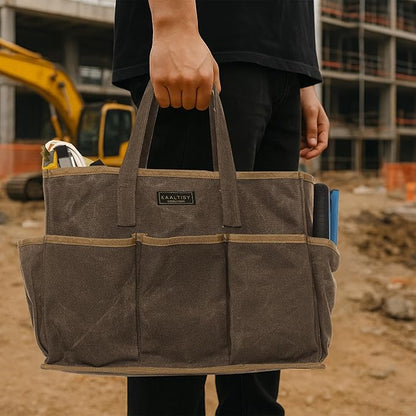 16OZ Waxed Canvas Tool Tote Bag for Garden Tools Wrench Set & Screwdrivers | 11-Pocket Garden Tool Bag with Portable Handles, Multi-Purpose Tool Storage Organizer (14"L x 5.5"W x 10.5"H) – Grey