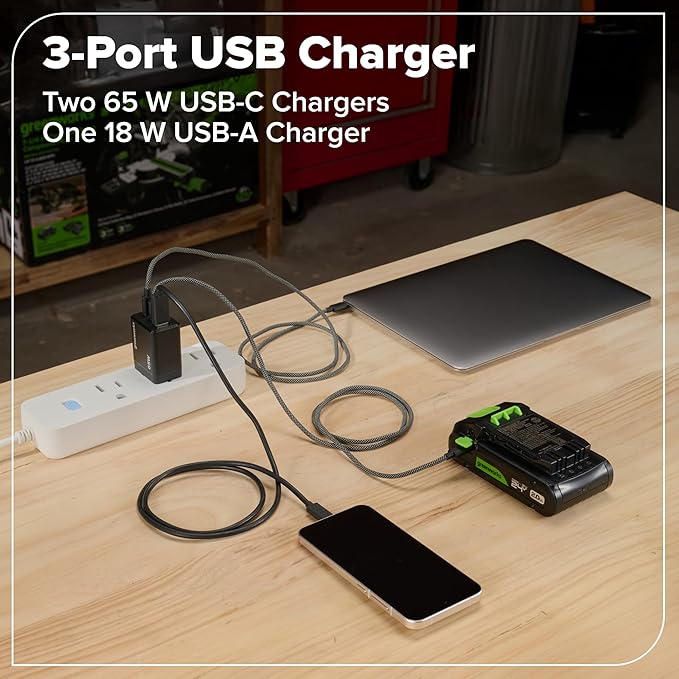 GREENWORKS 24V 1/2” Brushless Cordless Drill (800 In-lbs.), 4.0Ah (24,000mAh Power Bank) USB-C Battery, 3.3 FT Braided Cable, 65W Rapid Charger