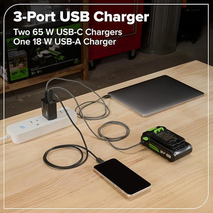 GREENWORKS 24V (5-TOOL) Combo (Drill + Impact Driver + Circular Saw + Multi-Tool + Flashlight), 4.0Ah + 2.0Ah (24,000mAh Power Bank) Batteries, (2) Cables, 65W Rapid Charger