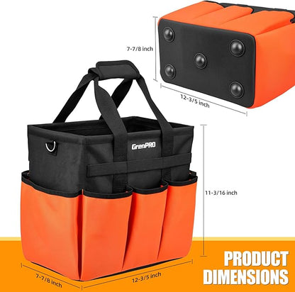 Garden Tool Bag Organizer, Heavy Duty Gardening Tote Toolbox with 10 Pockets, Adjustable Shoulder Strap, Standable & Foldable for Tool Storage, Home Garden Kit, Orange (Tools Not Included)