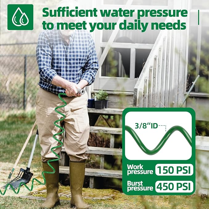 SPECILITE 3/8" Lightweight Coil Garden Hose 75FT, EVA Flexible Curly Water Pipes with 6-Pattern Spray Nozzle for Boat, Greenhouse, Yard, Patio, Green