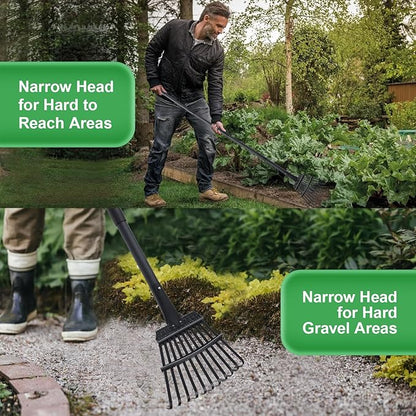 Rake for Leaves Small Metal Garden Tool with 11 Tines 63 Inch Adjustable Handle Sturdy Yard Rake for Gardening Gathering Leaves Weeds Debris, Black