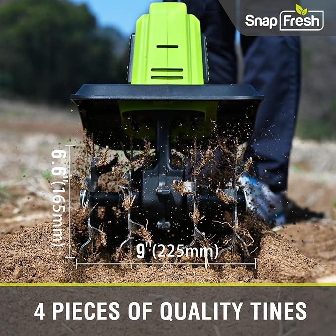SnapFresh Cordless Tiller Cultivator, 20V Electric Garden Tiller with 4.0AH Battery and Fast Charger, 300 PRM Battery Powered Rototiller, 9" Width 6.6" Depth, 3 Speed Handheld Tiller with Steel Tines