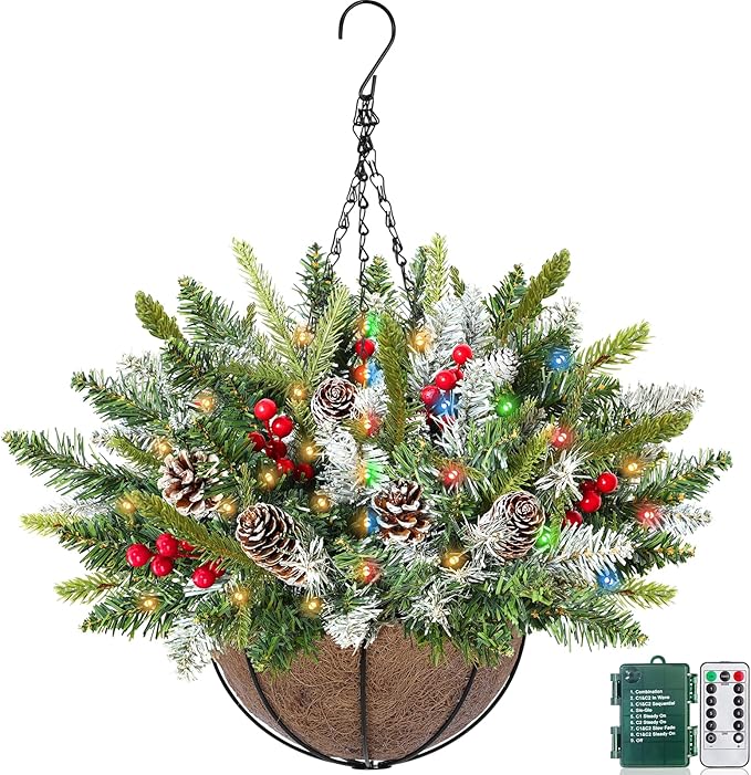 20 Inch Artificial Christmas Hanging Basket with 30LED Changing Warm White&Multicolored Timer 8 Modes Remote Control Norfolk Pine Snowy Tips Hanging Christmas Decorations for Porch Front Door Home