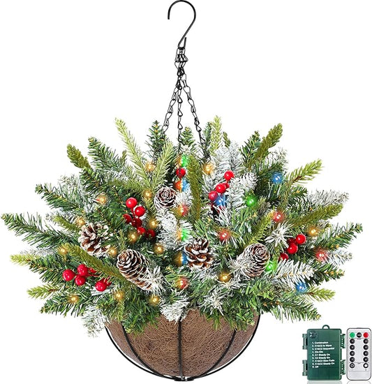 20 Inch Artificial Christmas Hanging Basket with 30LED Changing Warm White&Multicolored Timer 8 Modes Remote Control Norfolk Pine Snowy Tips Hanging Christmas Decorations for Porch Front Door Home
