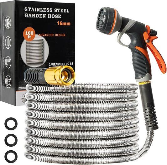 Metal Garden Hose 100FT Heavy Duty Lightweight 304 with Brass Nozzle,Durable Fittings,No Kink & Tangle,Puncture Resistant,Easy to Use & Store for RV,Outdoor, Yard,Ligh (100ft)