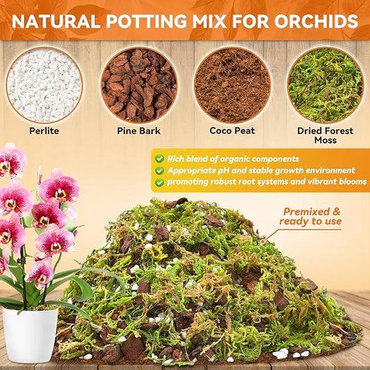 Riare 2QT Orchid Potting Mix for Repotting- Orchid Repotting Kit Include Moss, Pine Bark, Perlite, Coco Peat- Premium Orchid Soil Medium for Indoor Potted Plants Root Ventilation & Expanding