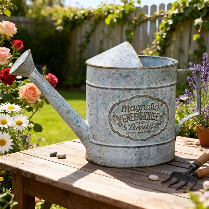Vintage Metal Watering Can with Magnolia Greenhouse & Nursery Design Garden Decorative Watering Pot Farmhouse Waterer for Home Indoor Outdoor Garden Balcony Courtyard (Gray)