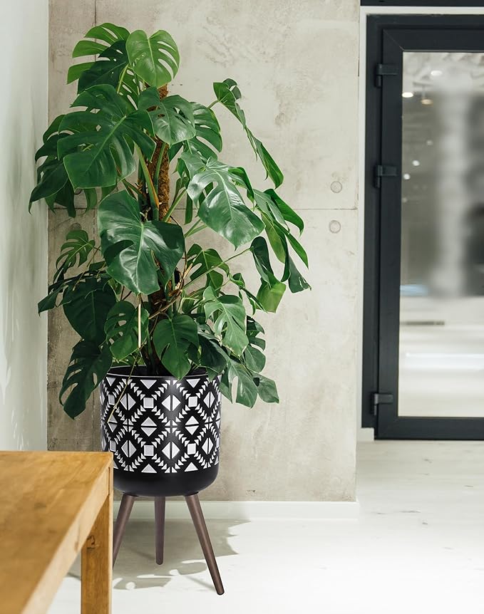 D'vine Dev 14 Inch Planter Pot with Stand, Mid-Century Tall Plant Pot with Legs for Indoor Plants, White/Black, 88-G-D-4