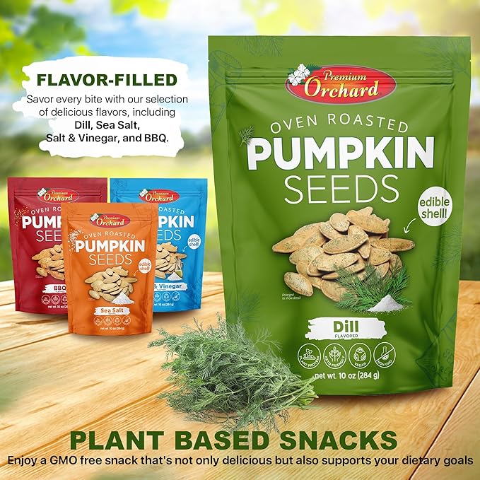 PREMIUM ORCHARD Flavored Pumpkin Seeds Oven Roasted | Dill Flavor | High Protein Snacks for Kids and Adults | Vegan Snack | Non GMO | KETO