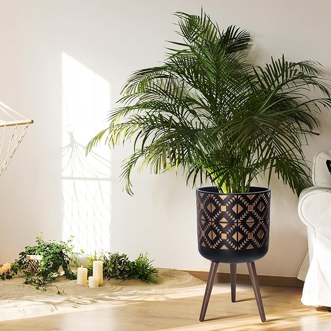 D'vine Dev 14 Inch Planter Pot with Stand, Mid-Century Tall Plant Pot with Legs for Indoor Plants, Bronze/Black, 88-G-D-6