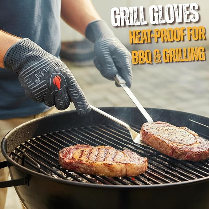 GRILL HEAT AID BBQ Grill Gloves Heat Proof for Grilling – Fireproof 1472°F Heat-Resistant Grill Mitts for Outdoor Barbecue and Smoker, Campfire, Fire Pit, Oven Glove with Fingers for Baking Pizza