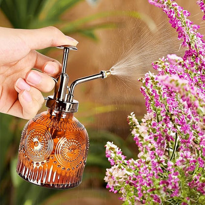 Glass Plant Mister Spray Bottle, 230ML Vintage Plant Spritzer, Succulent Watering Bottle Glass with Top Pump, Small Plants Sprayer Watering Can for Indoor Outdoor House - Brown
