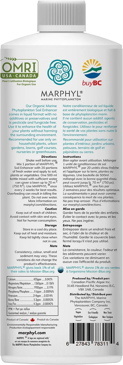 MARPHYL Plant Fertilizer Houseplants and Garden - Marine Phytoplankton Soil Improver and Hydroponic Fertilizer for Grasses, Bamboo, Succulents, & Vegetables - Organic Plant Liquid