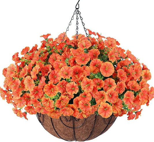 Artificial Faux Hanging Flowers Plants Basket for Outdoors, 12 Bundles UV Resistant Faux Outside Silk Morning Glory for Planter Realistic Artificial Flowers for Outdoor Porch Garden Patio, Orange