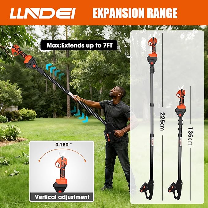 LLNDEI 2-in-1 Electric Pruning Shears Cordless, 1.6“ Cutting Diameter, Electric Tree Pruner with 13Ft Reach Extension Pole, 1000w Brushless Motor, Powered Pole Pruner for Tree Trimming.