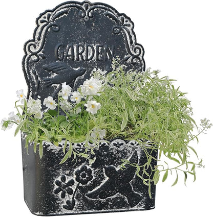 BIG FORTUNE Metal Wall Mount Planter Wall Vases for Flowers Shabby Chic Decor for Rustic Farmhouse Outdoor Decor (Black)