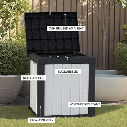 50 Gallon Storage Box, Waterproof Deck Box for Indoor & Outdoor Use, Lockable Pool Storage Bin for Package Delivery, Outdoor Bench for Patio Cushions, Garden Tools, Backyard, Black & White
