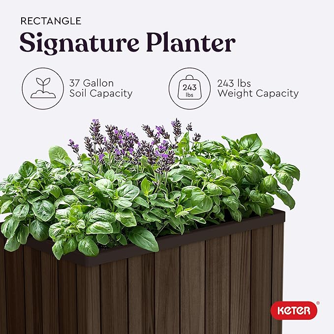Keter Signature 21.7 Inch Tall Rectangular Large Wood Look Planter for Indoor or Outdoor Flower Pot Ideal for Patio Deck and Front Porch Decor, Rosewood