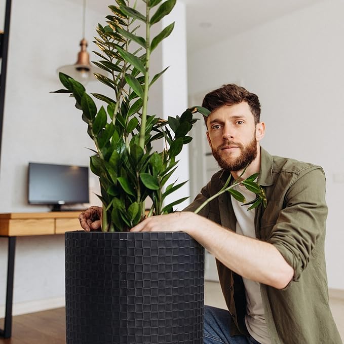 D'vine Dev 14 Inch Modern Geometric Tile Patterned Sleek Planter Pot with Stand, Indoor Outdoor Decorative Plant Holder, Distressed Black, 88-Z-D-5