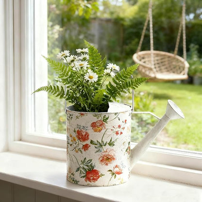 Vintage Floral Metal Watering Can, Decorative Watering Pot for Indoor Outdoor Plants, Shabby Chic Garden Watering Tool with Long Spout, Rustic Home Patio Decor