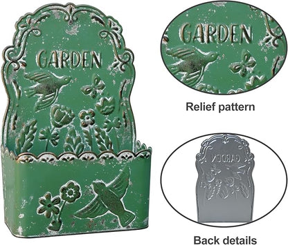 BIG FORTUNE Metal Wall Mount Planter Wall Vases for Flowers Shabby Chic Decor for Rustic Farmhouse Outdoor Decor (DarkGreen)