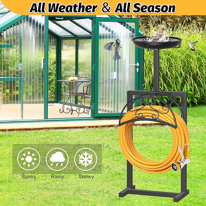 Garden Hose Holder Hanger Freestanding, Upgraded 4 Spikes Heavy Duty Storage Reel Stand with Bird Feeder Bowl, Holds 150ft Hose for Outside Garden Yard Lawn Vegetable Patch