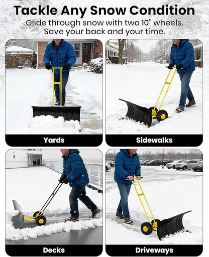 36” Snow Shovel for Driveway,Heavy Duty Wheeled Rolling Shovels 5 Position Angled Blade, Ergonomic Handle & Rubber Wheels for Efficient Snow Removal, Snow Plow for Doorway,Driveway and Sidewalks