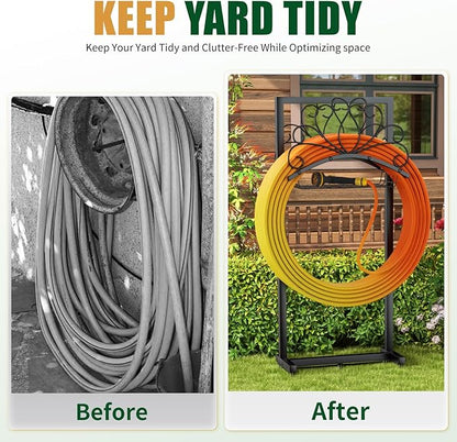 Garden Hose Holder, Heavy-Duty Metal Water Hose Holder with Detachable Storage Basket, Freestanding Hose Stand & Organizer for Outside Yard Lawn, Rust-Resistant Hose Rack for Easy Hose Storage