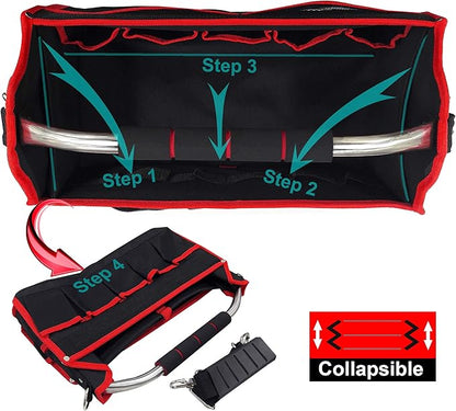 HAUTMEC 16 Inch Tool Bag, Foldable Open Top Tool Tote with Adjustable Shoulder Strap, 16 Pockets, Molded Base & Padded Handle, Portable Electrician Tool Organizer for DIY & Jobsite Use – TB0002