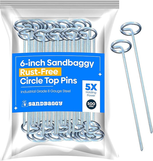 Sandbaggy 6-inch Circle Top Pins - Landscape Staples (Galvanized) - Garden Stakes for Landscaping, SOD - Heavy Duty Ground Stakes, Lawn Turf Spikes, Christmas Decorations, Weed Mats (500 Pins)