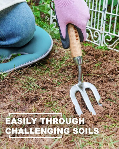 Garden Fork Hand Tool Small Weeding Fork 12 Inch with 3 Pointed Tines Wood Handle for Gardening Weeding Cultivating Digging Planting Transplanting Aerating Loosening Hard Soil Mixing Additives