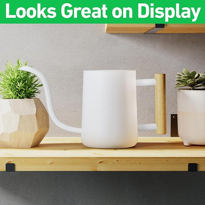 35 oz Metal Small Indoor Watering Can with Long Spout & Real Wood Handle for House Plants, Succulents, Cacti & Seedlings - White Long Spout Watering Can Indoor Plants - Stylish, Gentle Flow, No Spills