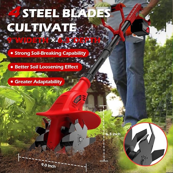 21V Cordless Electric Tiller for Gardening, 360 RPM Garden Tiller with 2×4.0AH Batteries & Charger, 9" Width, 6.3" Depth, Battery Powered Mini Cultivator, Portable Rototiller for Lawn Soil Cultivation
