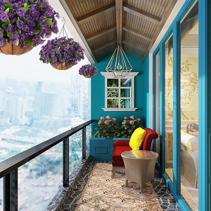 Artificial Hanging Flower Plants with Basket for Spring Summer Outdoor Decoration, Faux Petunias Flowers Fake Morning Glories Planter for Outside Patio Garden Porch Balcony Yard Decor(Purple)