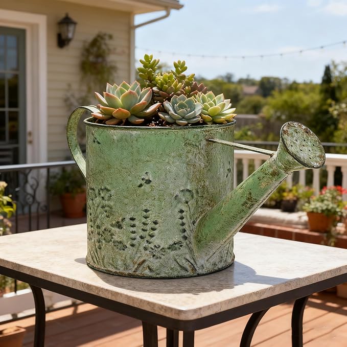 Vintage Metal Watering Can Planter with Embossed Floral - Distressed Green Decorative Watering Pot for Indoor/Outdoor Flowers, Succulents & Herbs, Rustic Home Decor Accent