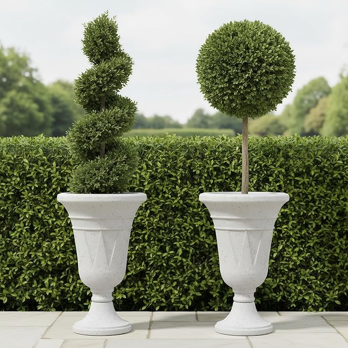 23.6" Tall Plastic Urn Planters for Outdoor Plants with Drainage Holes & Trophy Design, Set of 2 Heavy-Duty Classic Indoor Large Flower Pots, Outdoor Planters for Porch/Home/Garden, Grey