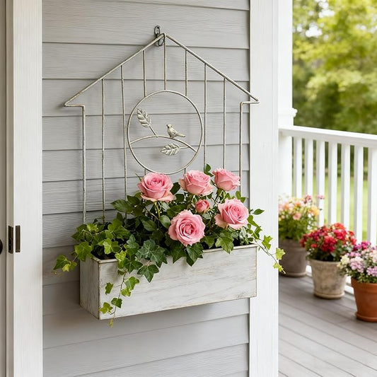 Vintage White Metal Wall Planter, Rustic Farmhouse Hanging Planter for Indoor Outdoor Use, Decorative Wall-Mounted Flower Pot for Succulents, Herbs, Home & Garden Decor