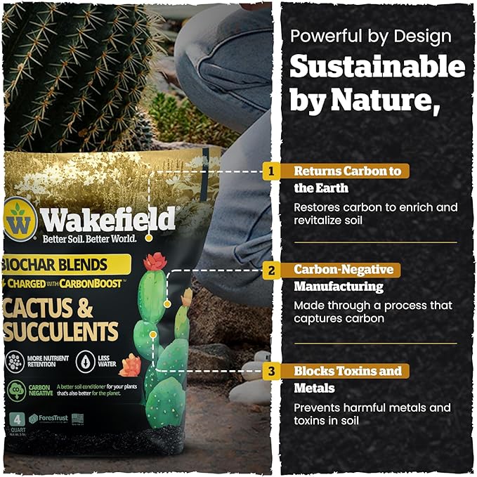 Wakefield Biochar Blend Potting Mix for Cactus & Succulent – Premium Potting Soil Blend with CarbonBoost Technology for Superior Drainage, Moisture Retention & Root Growth – 4 QT Organic Soil Mix